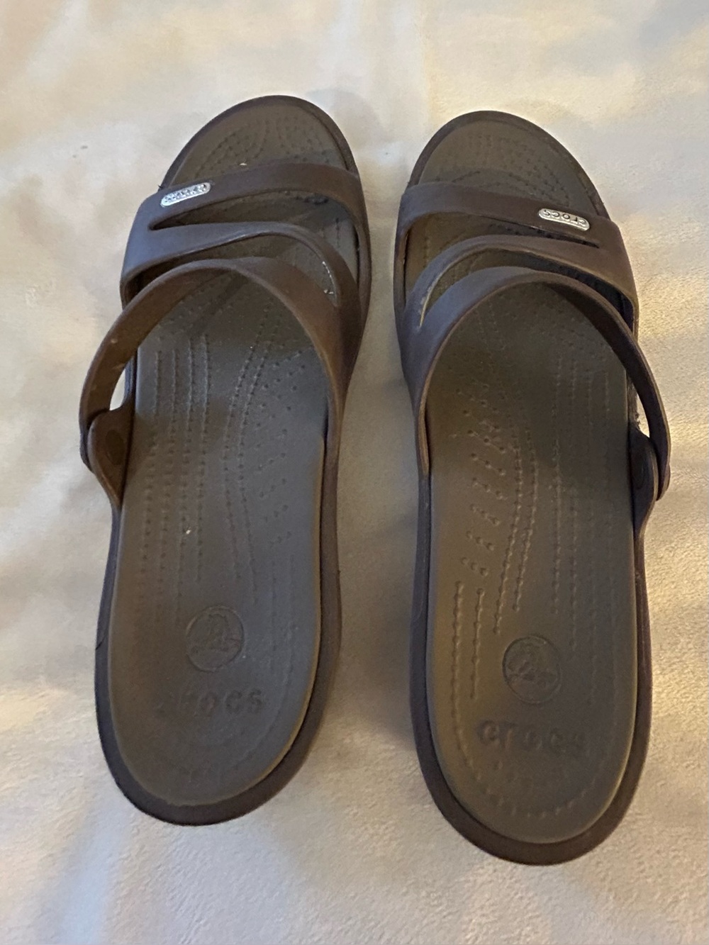 CROCS Dark Brown Double-Strap Slide Sandals - size 9